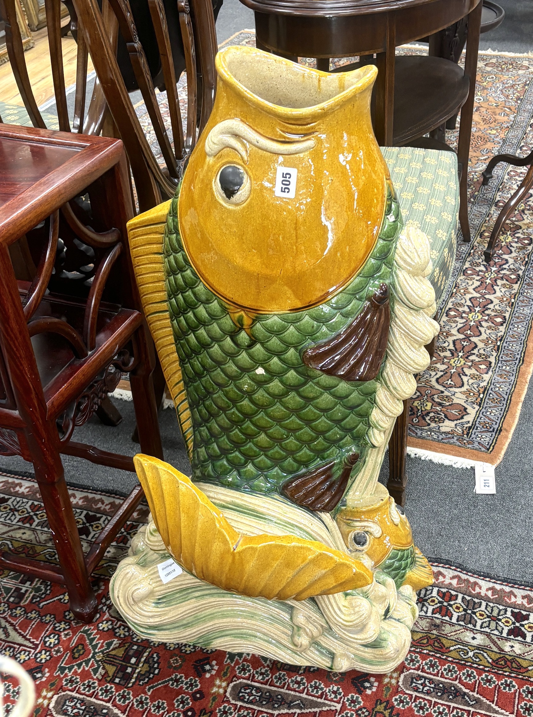 A very large Chinese Sancai pottery fish vase, 82cm high